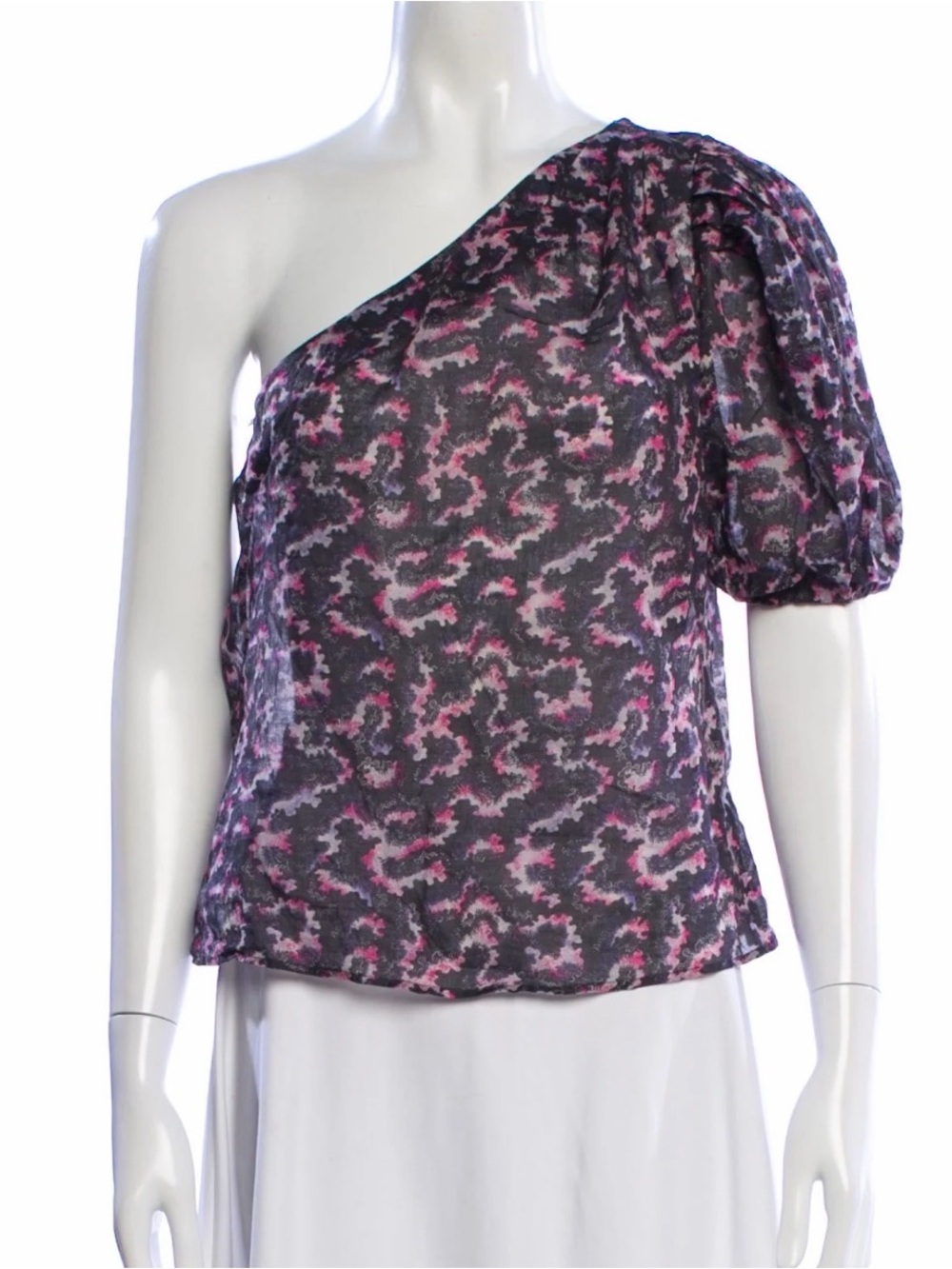 Isabel Marant Asymmetrical One-Shoulder Puff Sleeve Blouse in Black and Pink